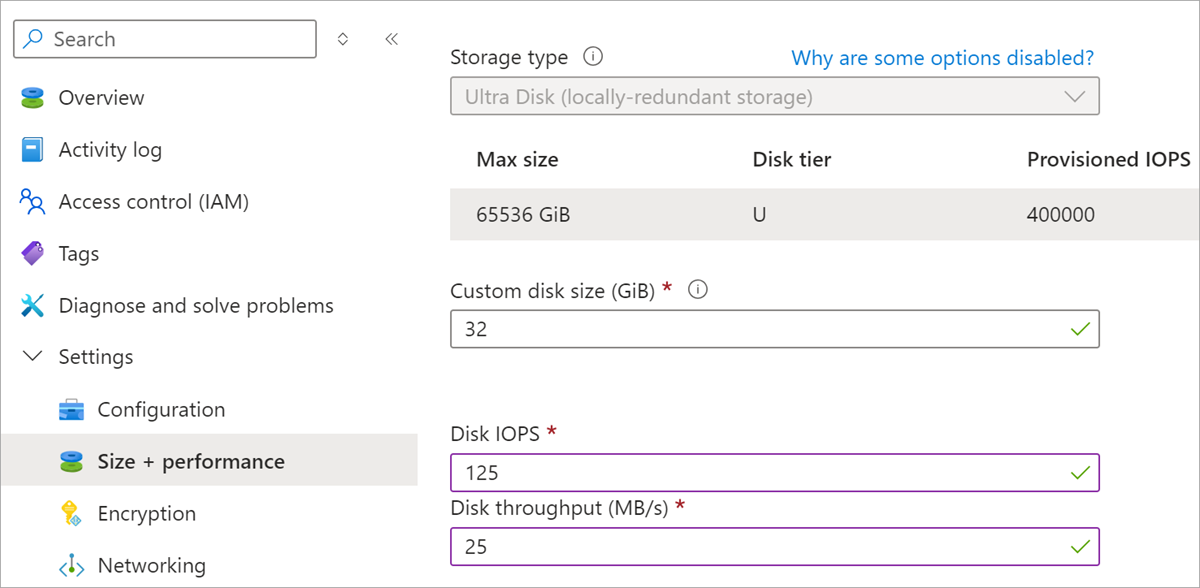 Screenshot of configuration blade on your Ultra Disk, disk size, iops, and throughput are highlighted, save is highlighted.