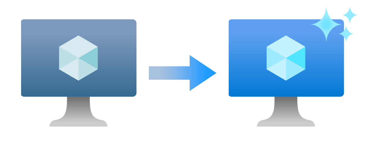 Moving from old to new VM sizes A diagram showing a greyed out Azure VM icon with an arrow pointing to a new sparkling Azure VM icon.