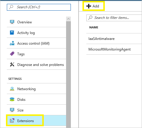 Screenshot of Extensions blade, with Add highlighted.