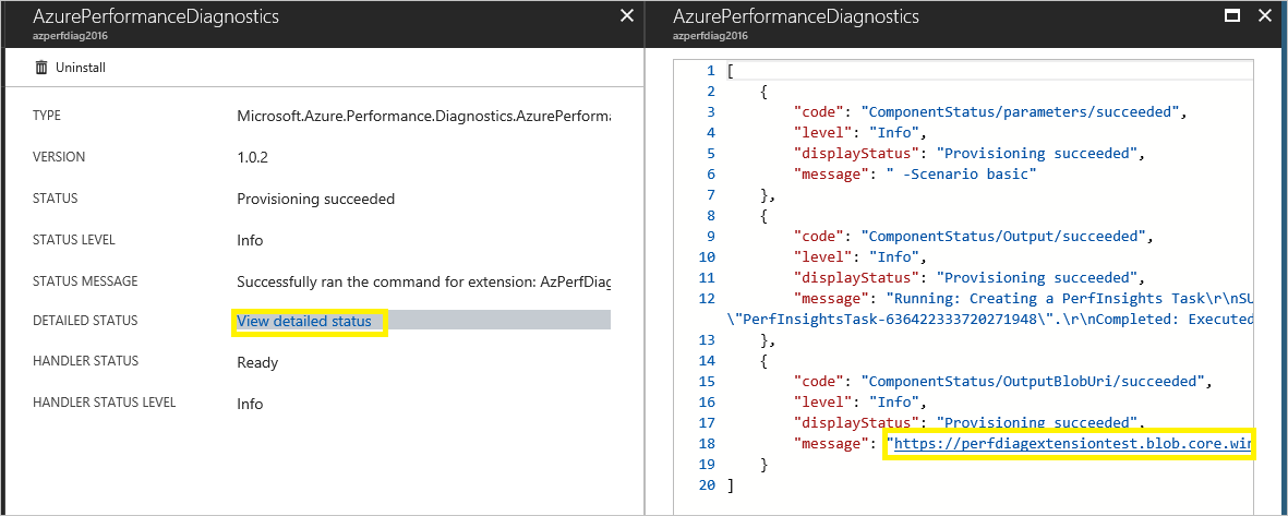 Screenshot of Performance Diagnostics detailed status and the extension download link.