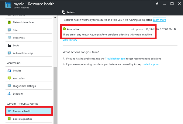 Screenshot of a healthy V M report, which shows There aren't any known Azure platform problems affecting this virtual machine.