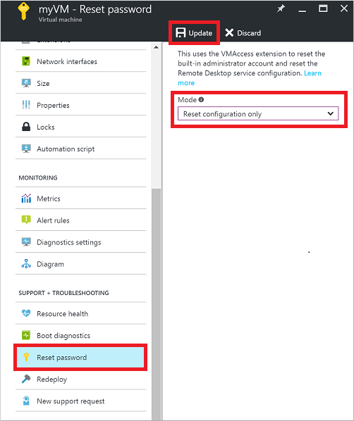 Screenshot of the Mode setting window of the Reset password tab, in which the Reset configuration only option is selected.