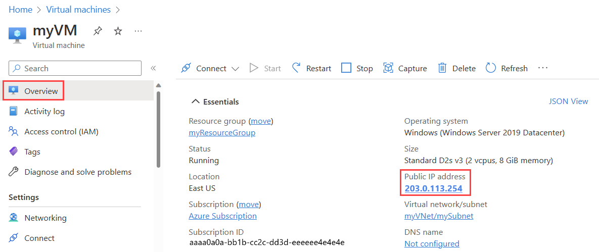 Screenshot of the Overview page of a virtual machine showing of the public IP.