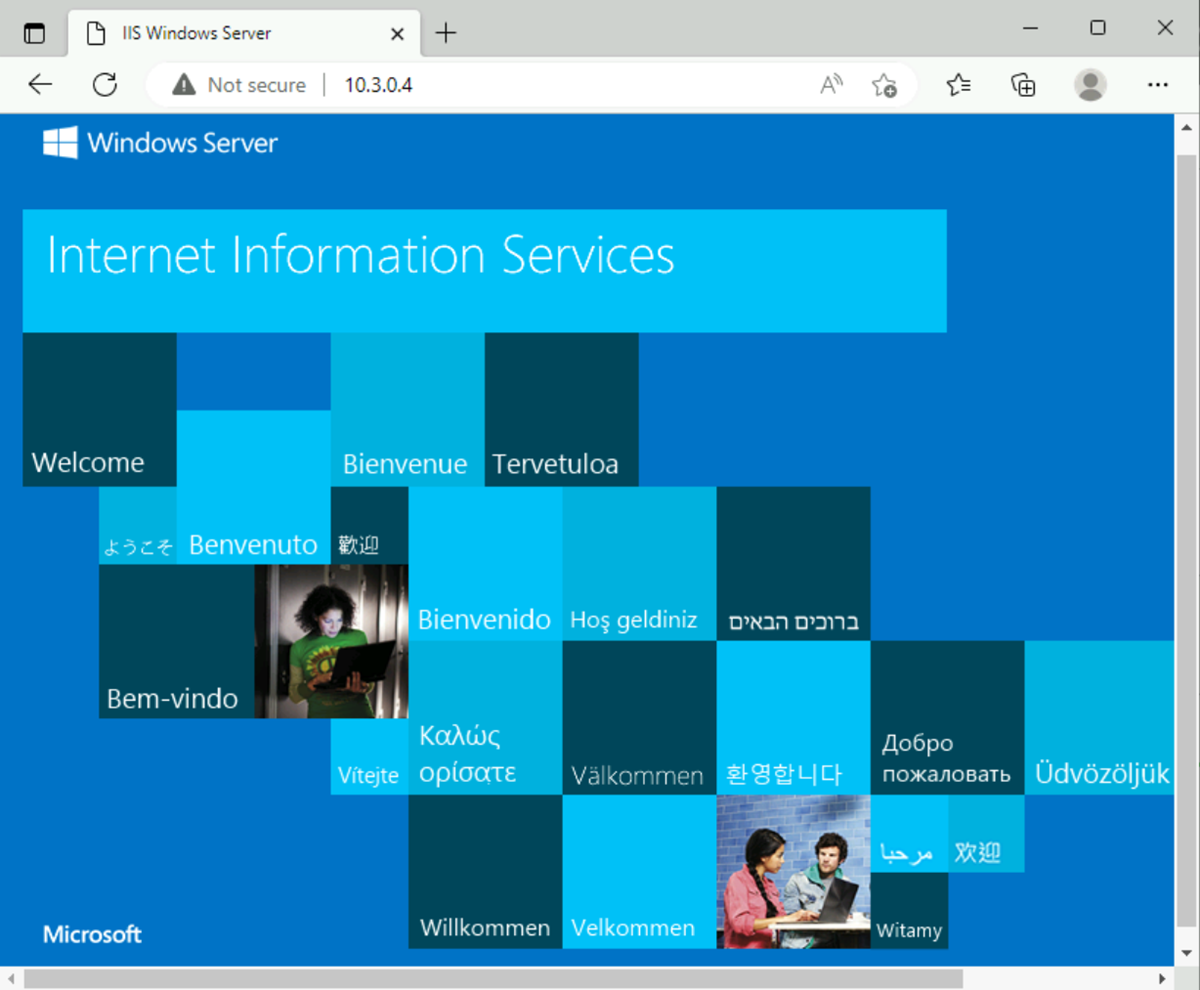 Screenshot of default IIS page on vm-spoke-1.