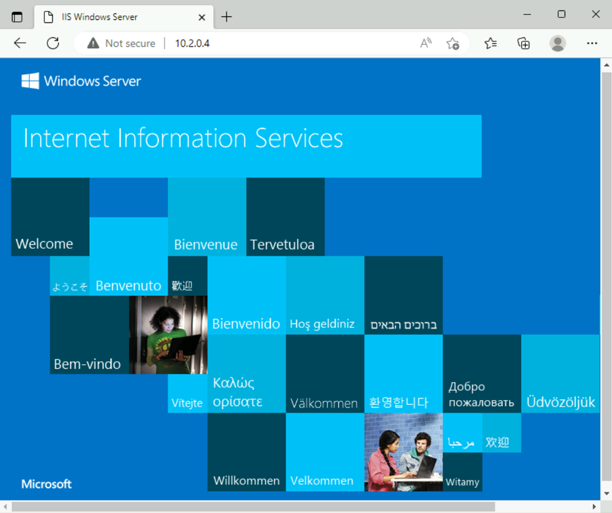 Screenshot of default IIS page on vm-spoke-2.