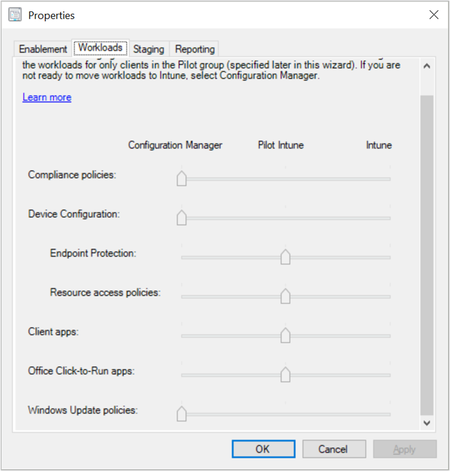 Screenshot of Workloads tab on co-management properties page