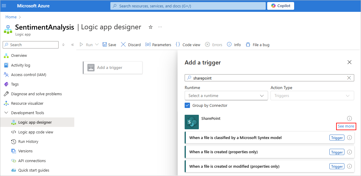 Screenshot shows Azure portal, Consumption workflow designer, selected Add a trigger, and open connector gallery for selecting a trigger.