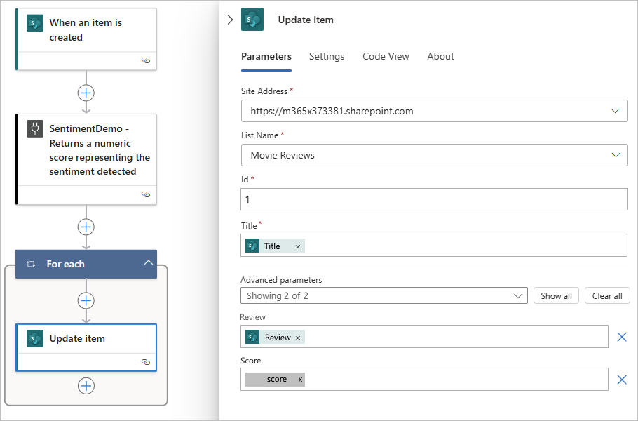 Screenshot shows added custom connector action, parameter values, and surrounding action named For each.