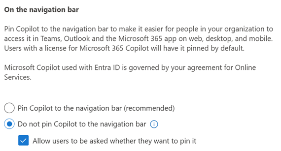Screenshot showing the option to not pin Copilot for users.