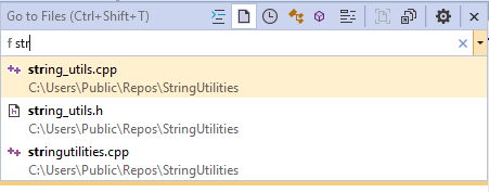 Screenshot of Go to Files results. The user typed 'f str' and string_utils.cpp and string_utils.h appear because they contain str in the name.