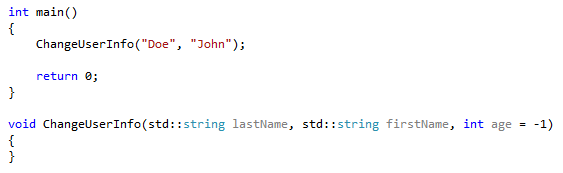 Screenshot of the resulting change. The parameters to ChangeUserInfo() are now: std::string lastName, std::string firstname, int age = -1).