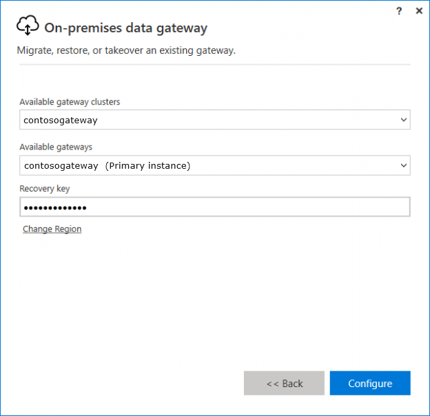 Screenshot showing where to enter the recovery key for the gateway.