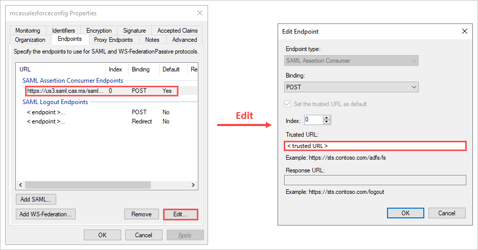 Update relying trust endpoint properties Trusted URL.