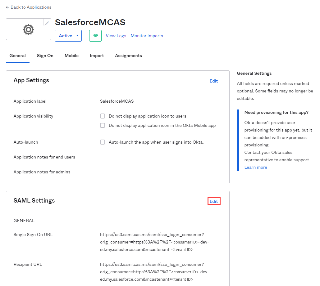 Locate and edit SAML settings.