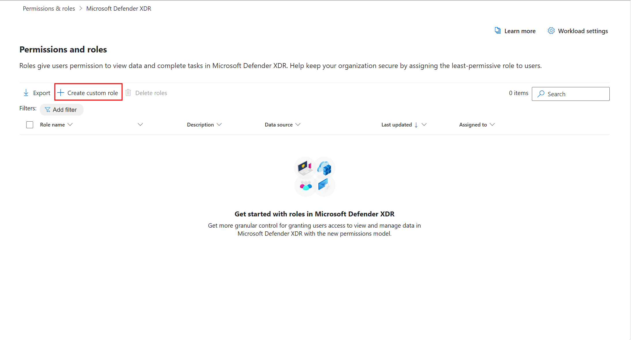 Screenshot showing the create custom roles button.