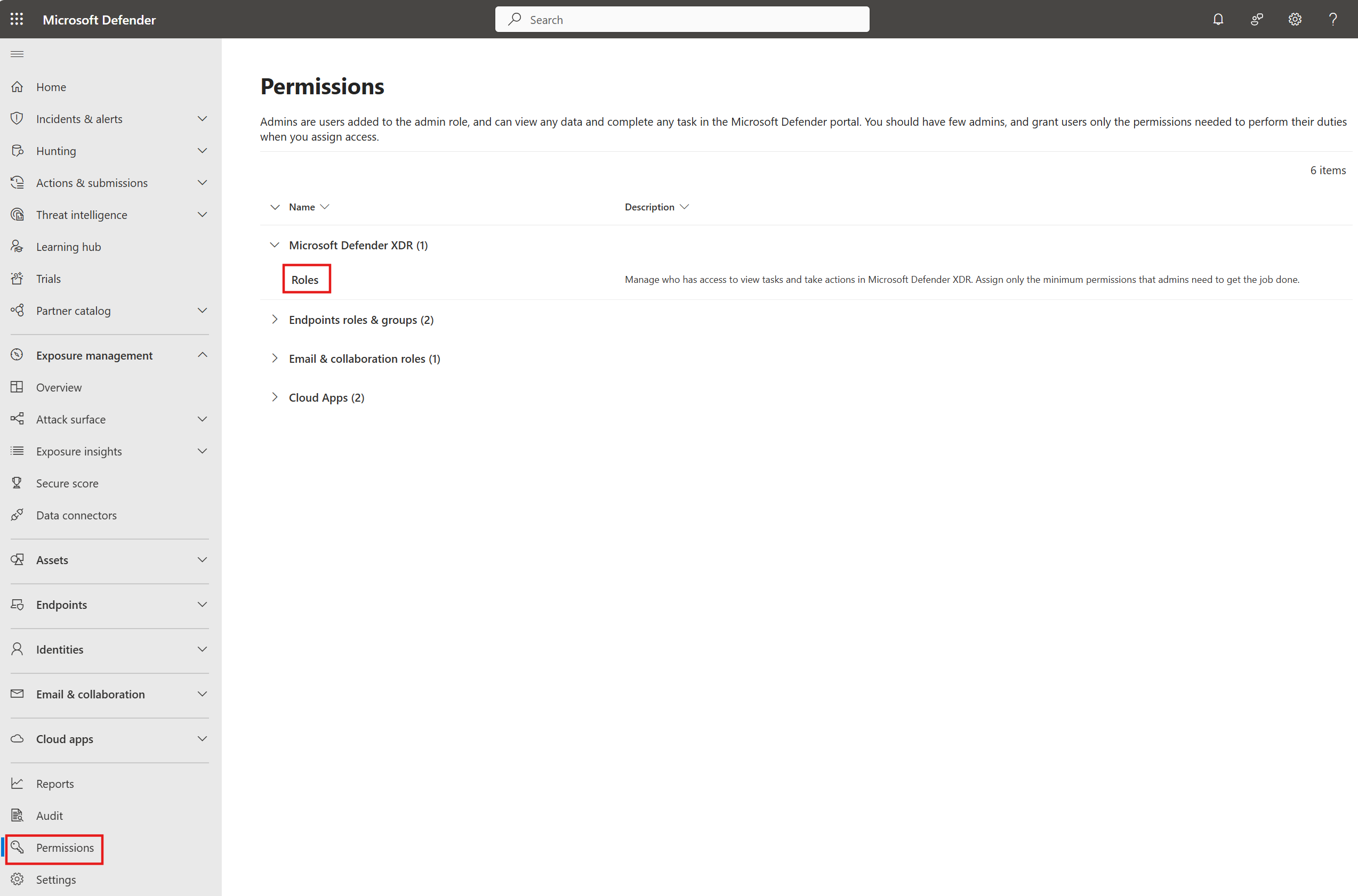 Screenshot showing the roles page in the Defender XDR portal.