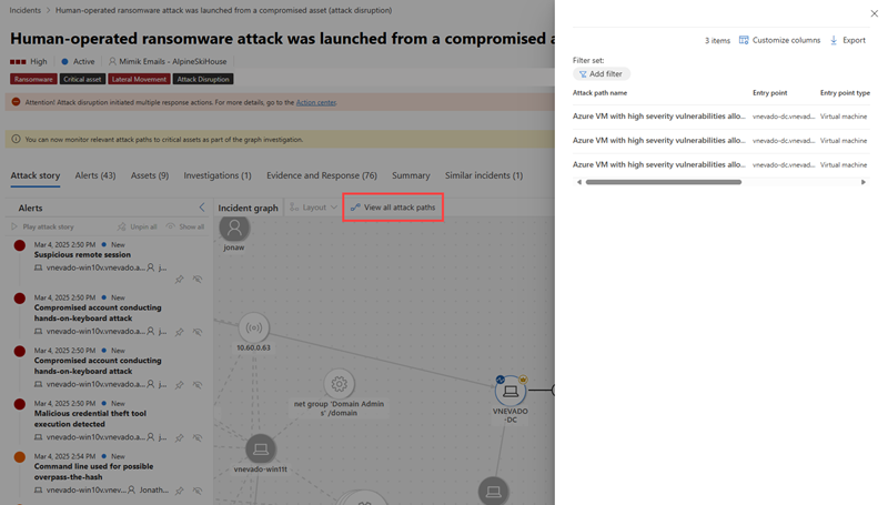 Screenshot highlighting the view attack paths option and the flyout pane list of attack paths