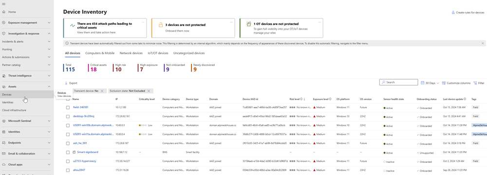 Screenshot of the Device inventory page in the Microsoft Defender portal.