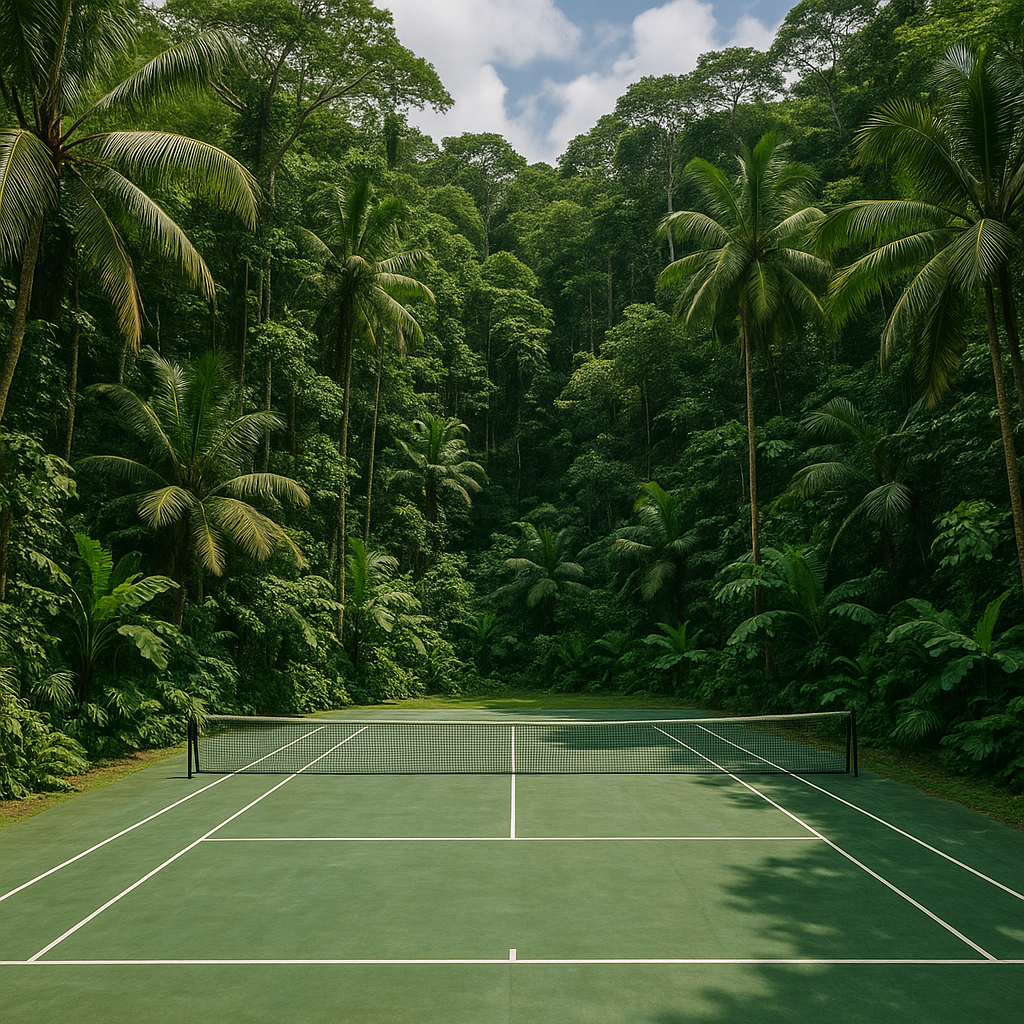 AI-generated image of a tennis court in a jungle.