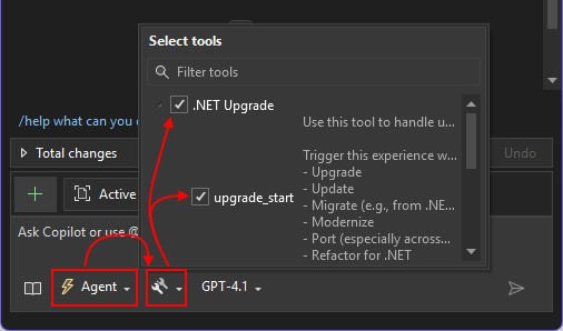 The GitHub Copilot chat window. The Agent Mode dropdown and Tool selection dropdown are both highlighted.