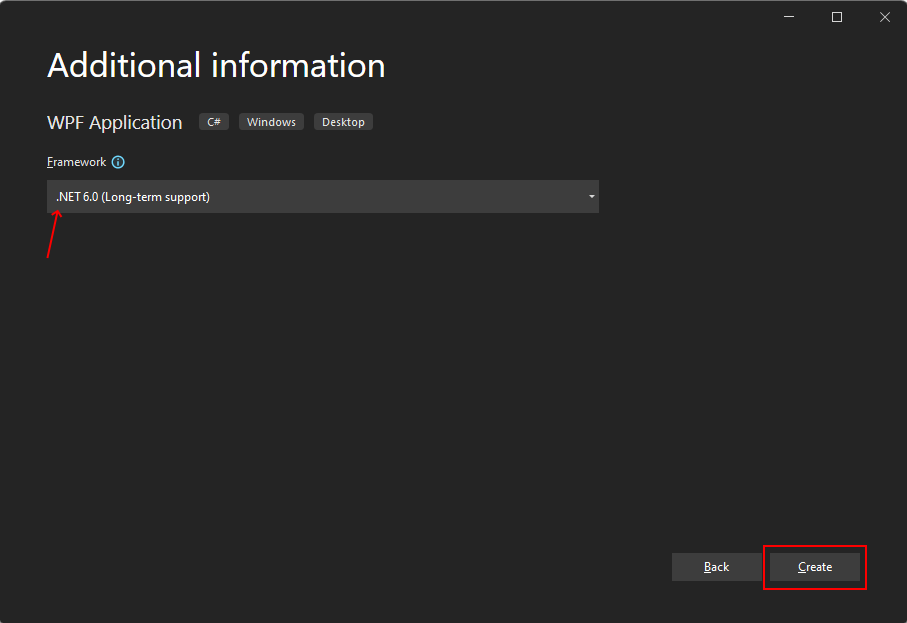Select target framework for new WPF project in Visual Studio 2022 for .NET 6
