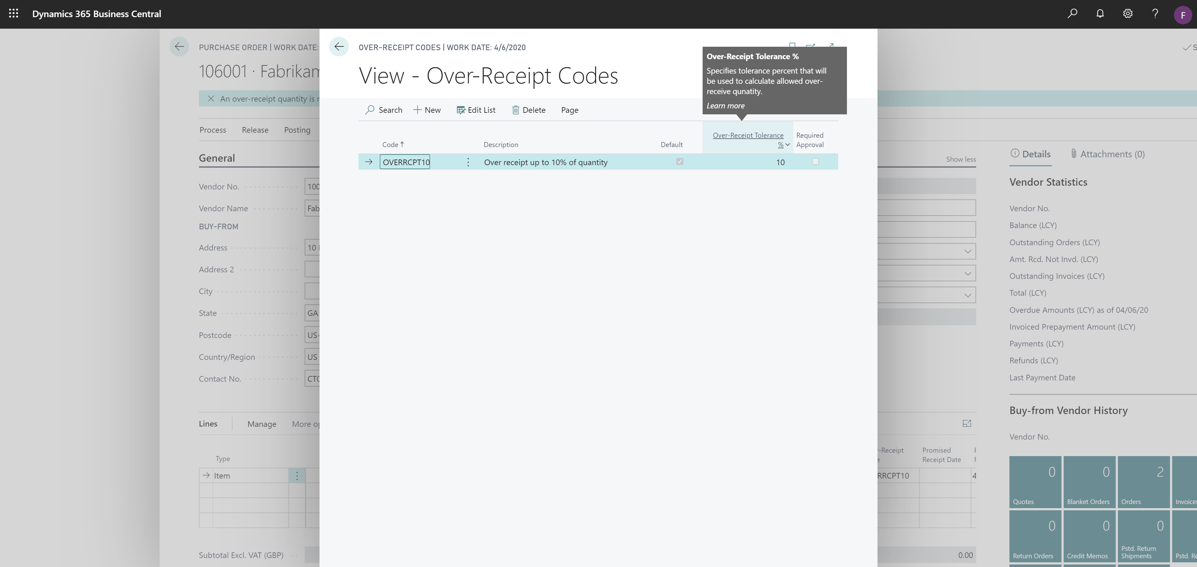 Shows over-receipt codes with over-receipt tolerance field highlighted Shows over-receipt codes with over-receipt tolerance field highlighted