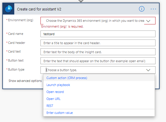 Screenshot of list of supported actions for card.