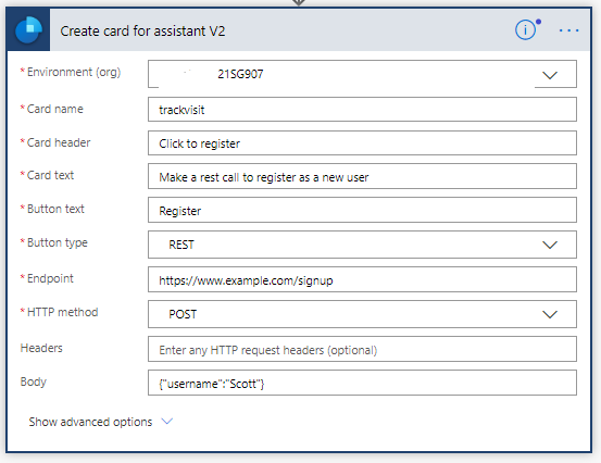 Screenshot of create a card for REST API.