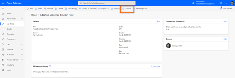 Screenshot of enabling the Sales Insights Adaptive sequence timeout flow in Power Automate.