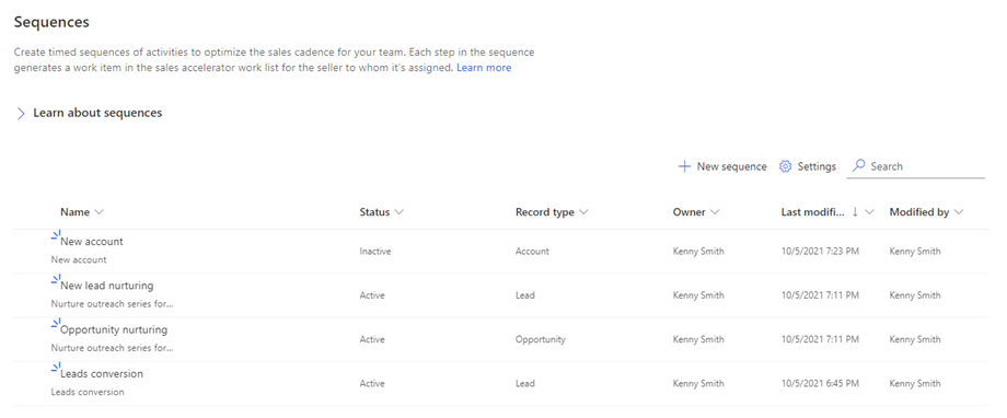 Screenshot of the Sequence designer home page in Dynamics 365 Sales.