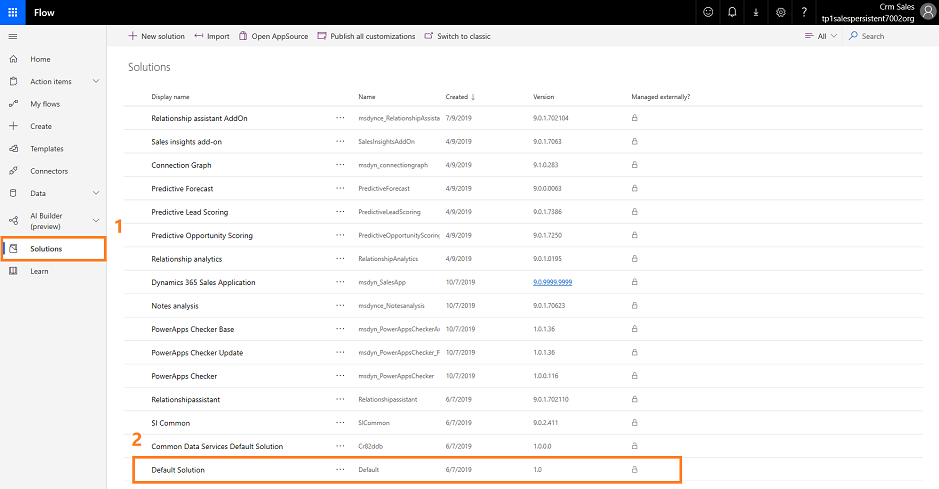 Screenshot of select Default Solution option.