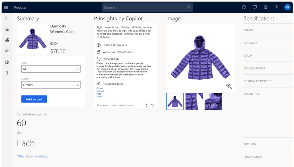Screenshot of Product insights by Copilot features in the Store Commerce app.