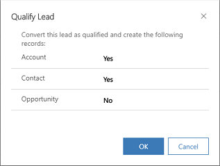 Screenshot that shows account and contact records selected for creation in the Qualify lead dialog.