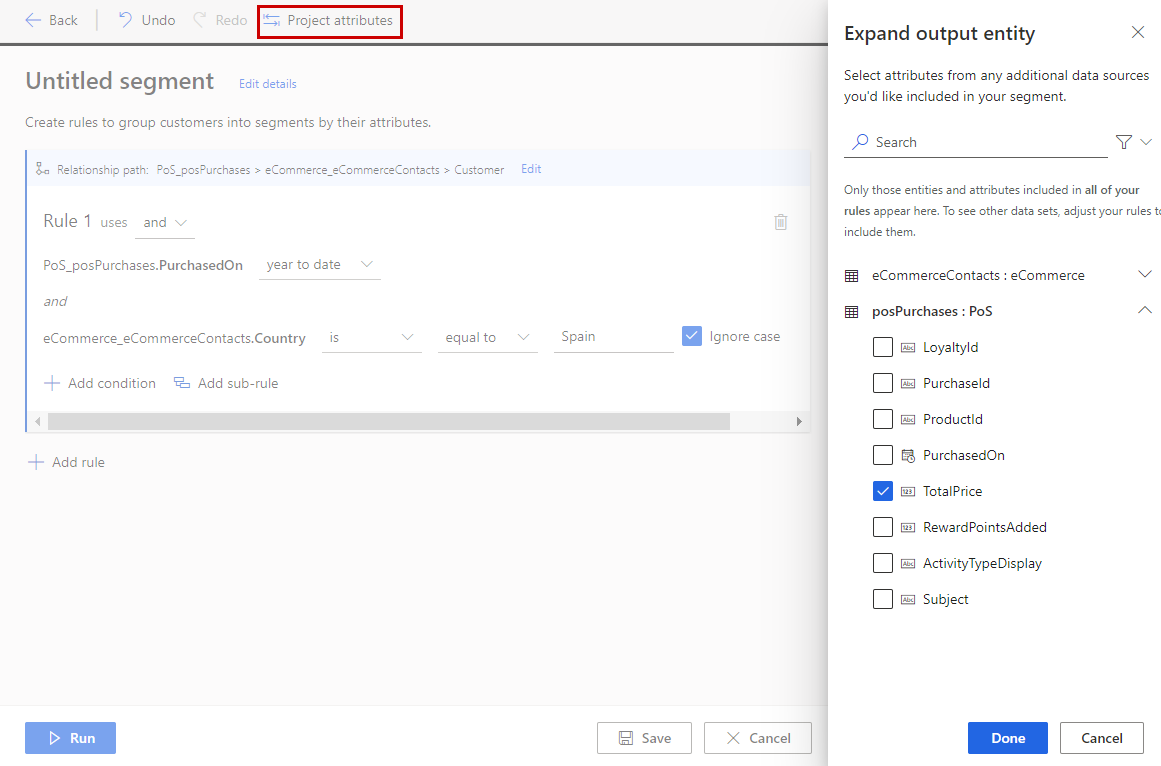 Example of projected attributes selected in the side pane to be added to the output table.