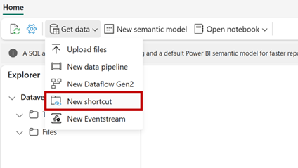 Create a shortcut through lakehouse to get data