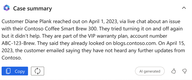 Screenshot of a Copilot case summary.