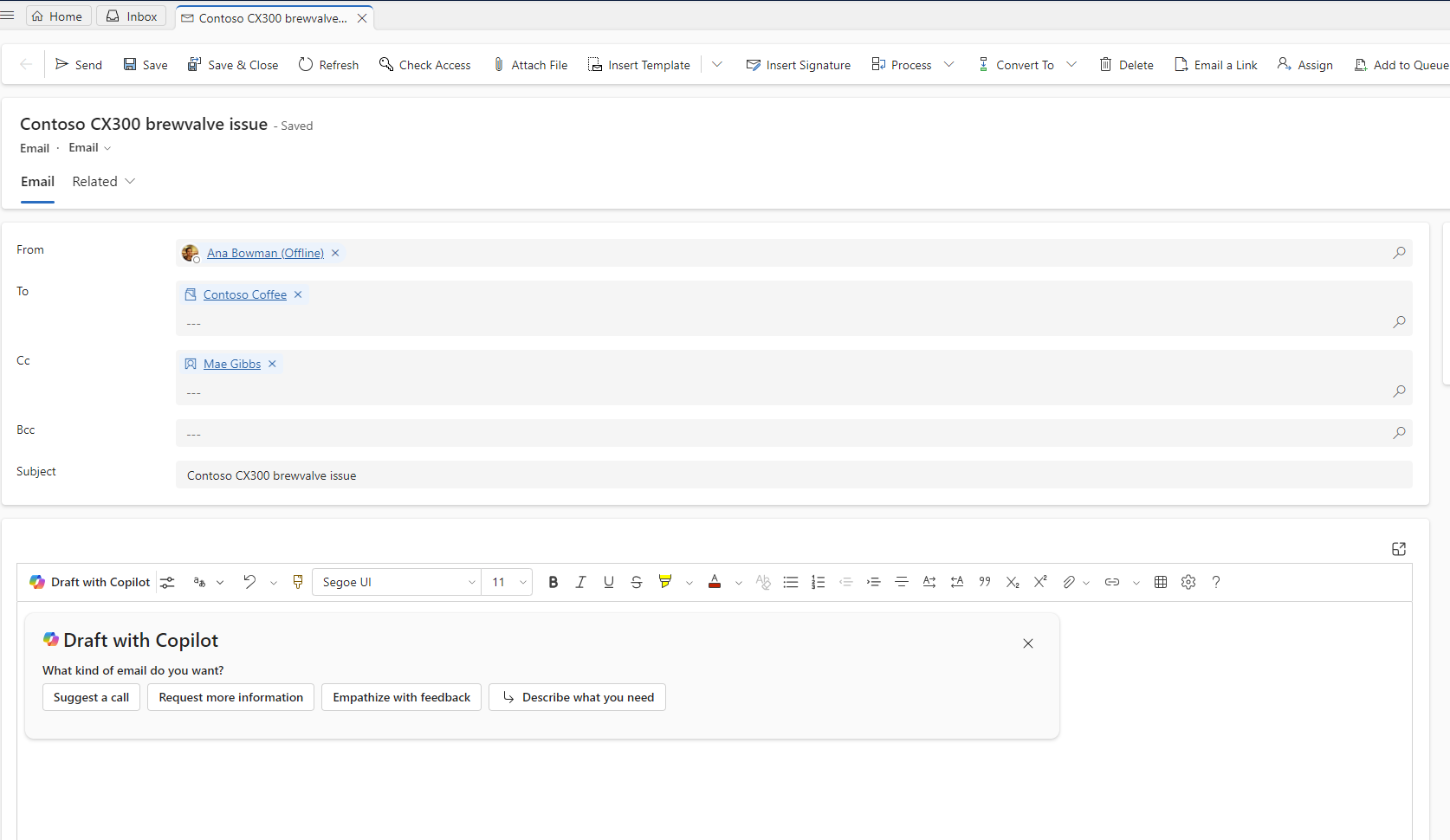 Screenshot of Copilot recommended email draft in rich text editor.