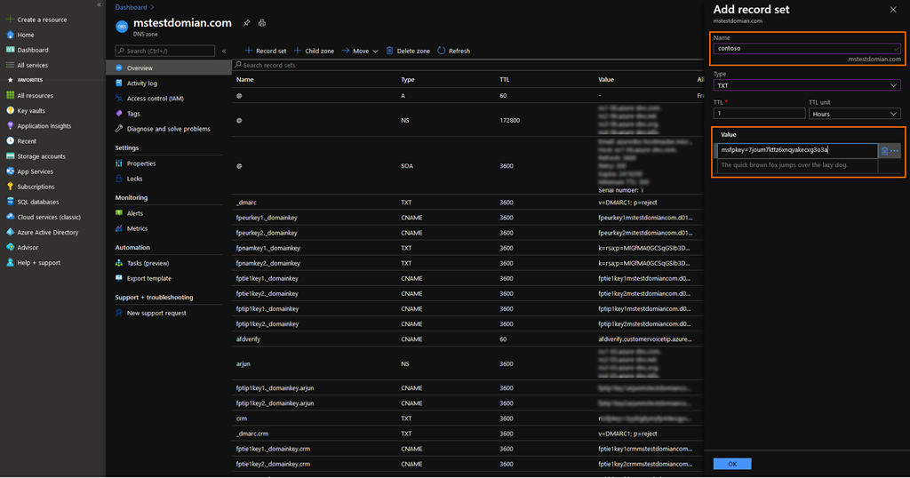 Add TXT name and value in Microsoft Azure.