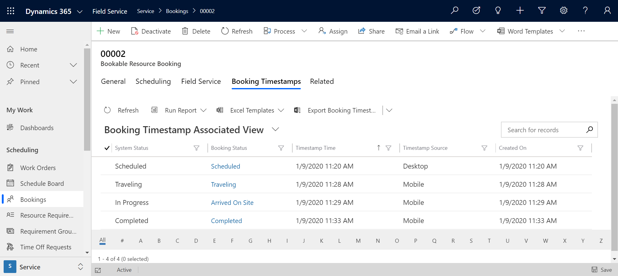 Screenshot of booking timestamps on a booking resource booking