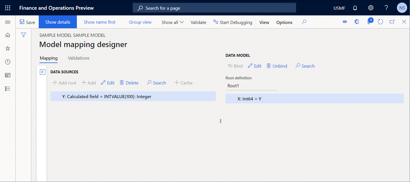 Validating the editable model mapping component on the Model mapping designer page.