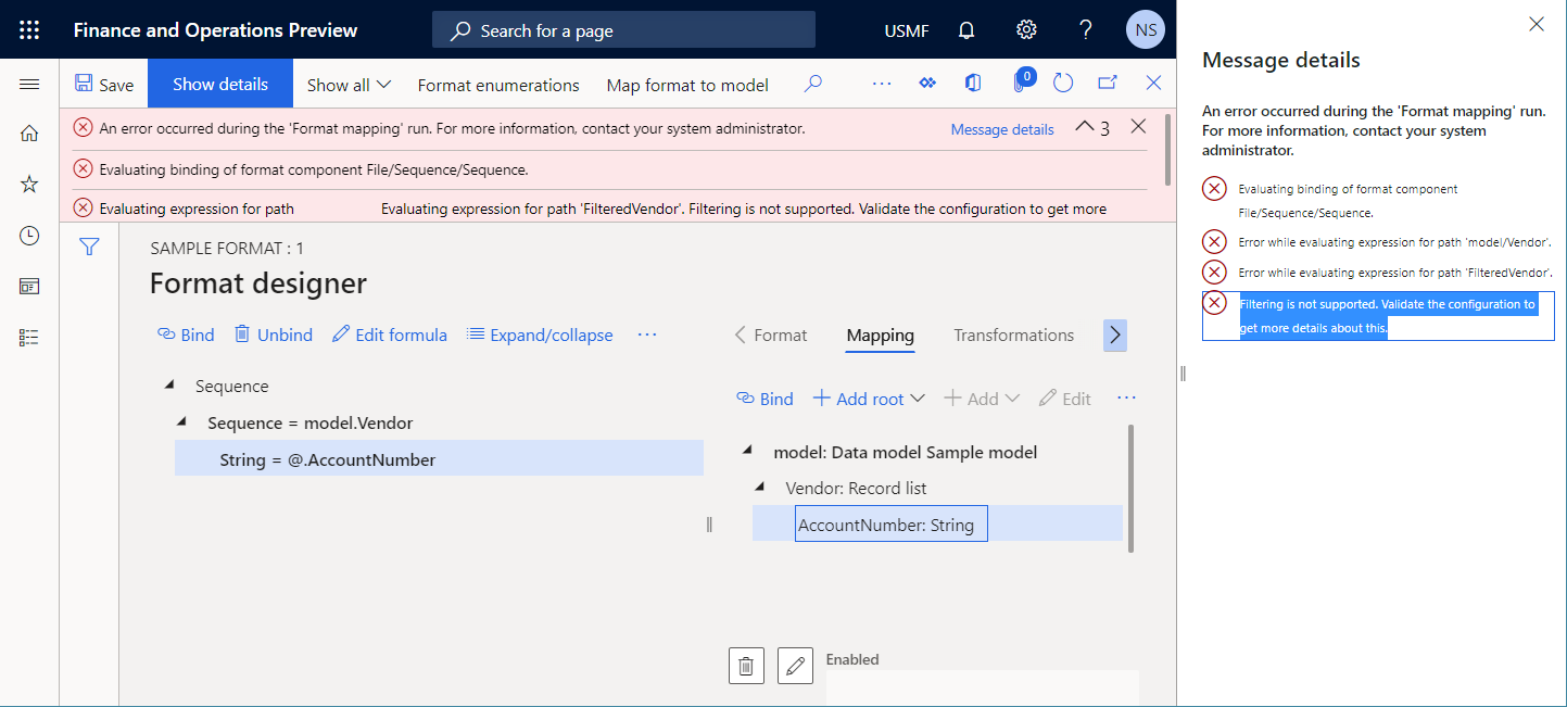 Runtime errors that occur when you run the editable format on the Format designer page.