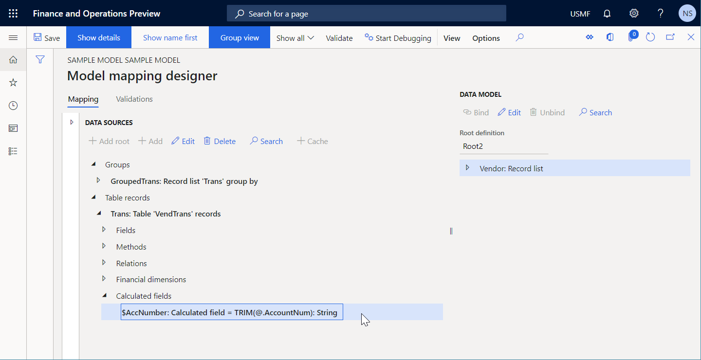 Configuring the data source on the Model mapping designer page.