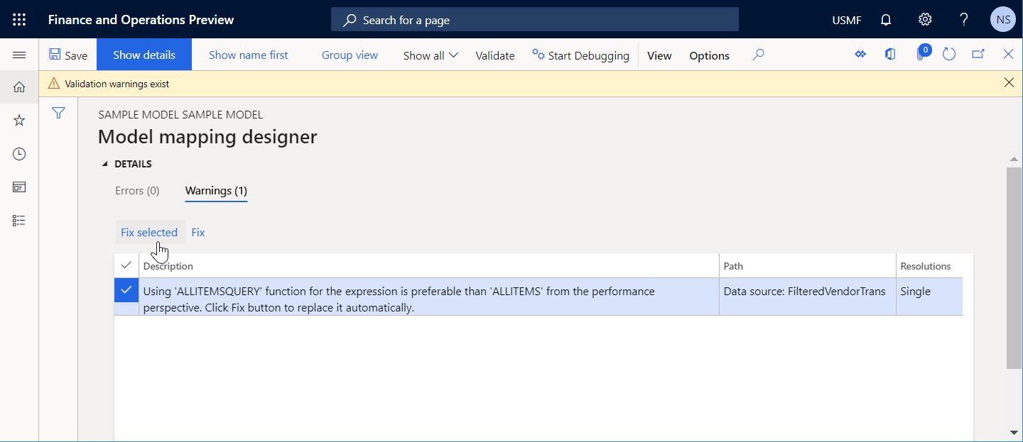 Selecting Fix selected on the Model mapping designer page.