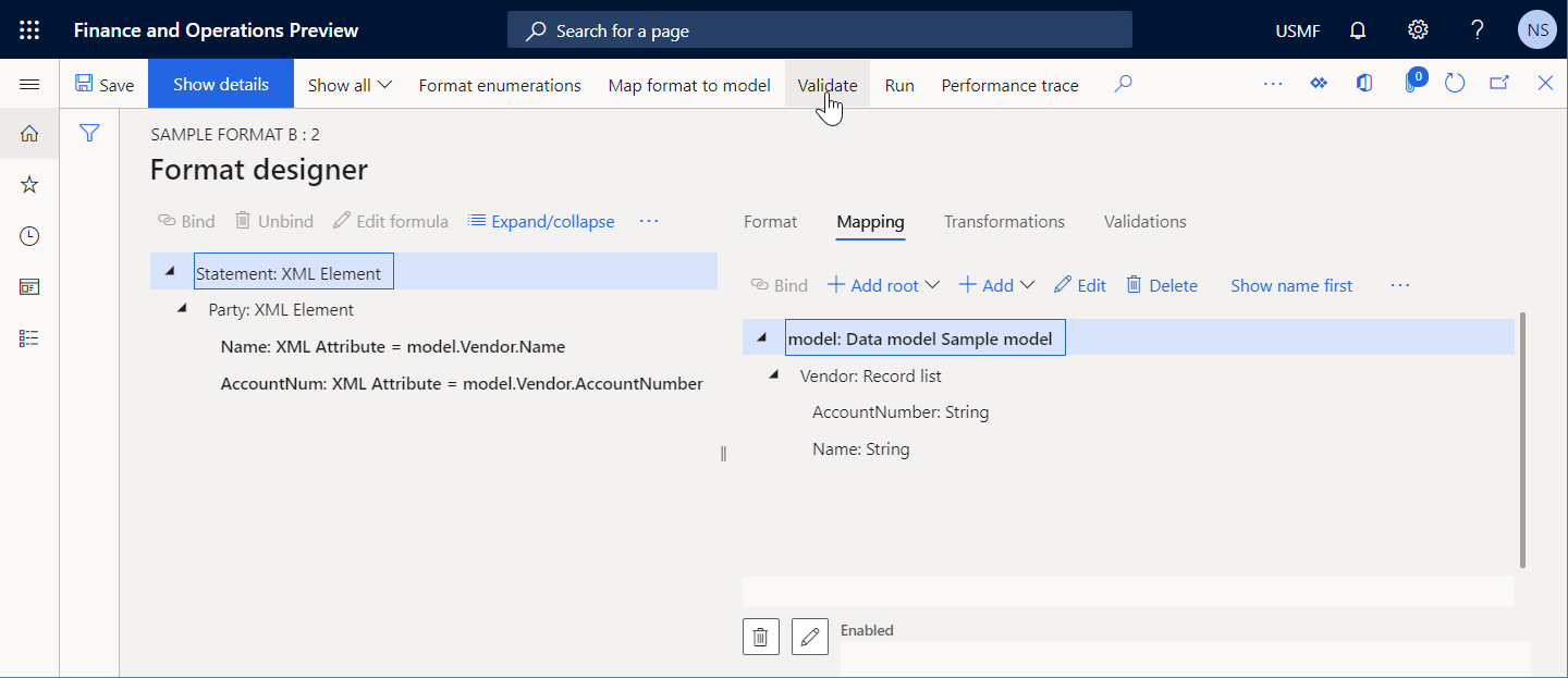 Validating the format elements that you bound to data sources on the Format designer page.