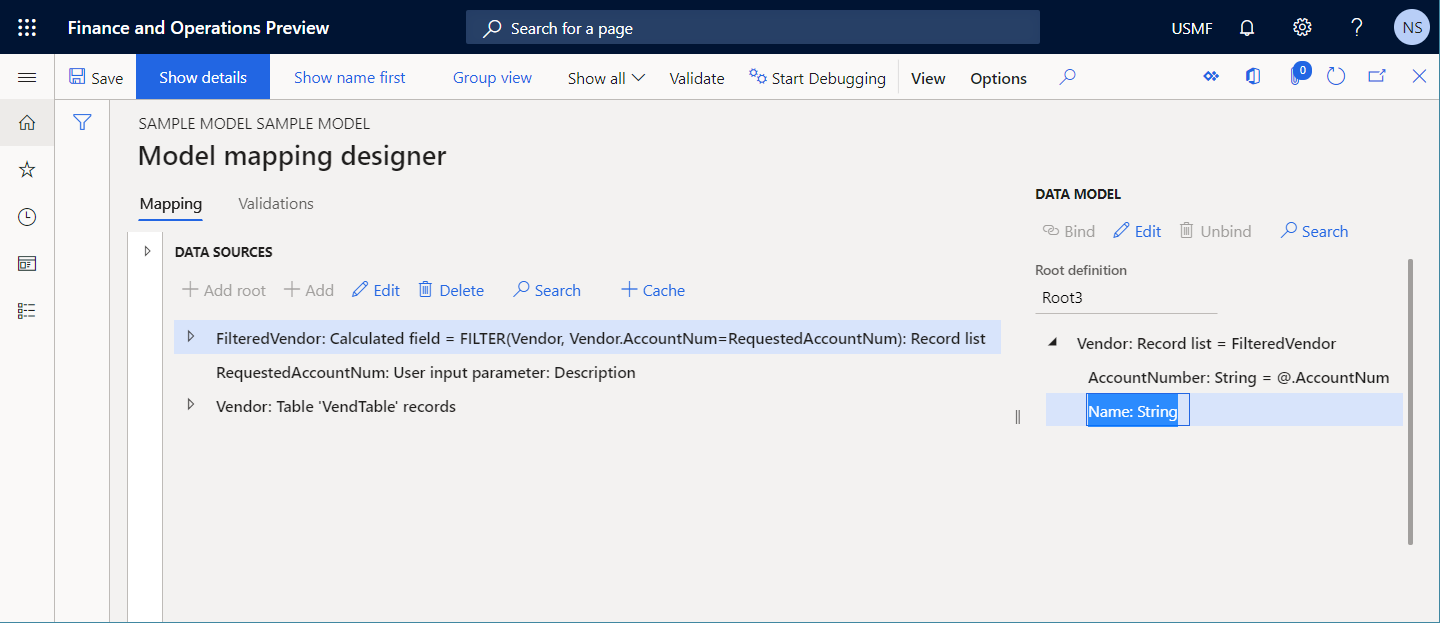 Data model items bound to configured data sources and a data mode item that remains unbound on the Model mapping designer page.