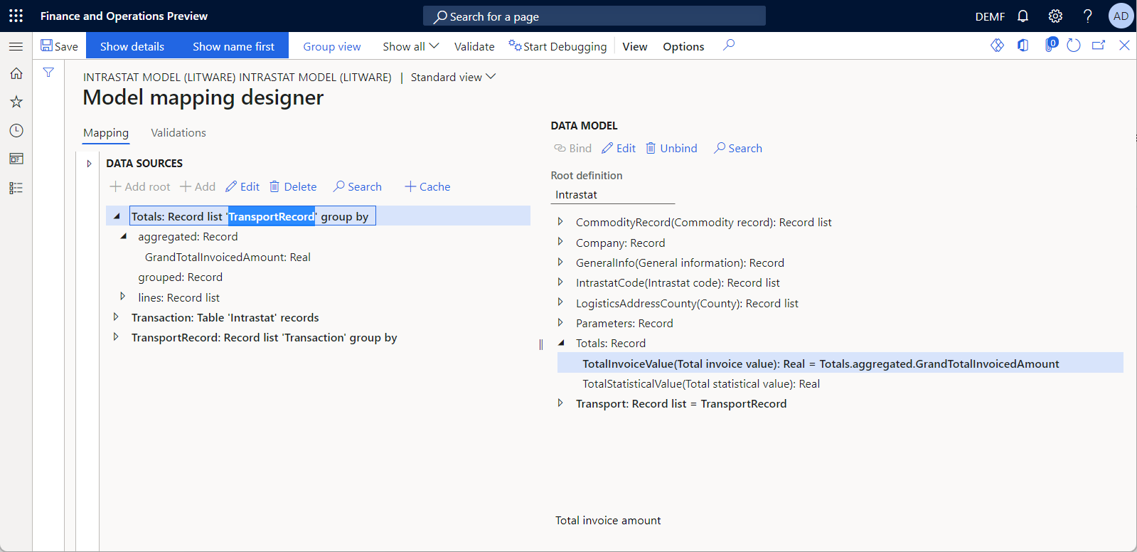 Totals data source in the ER model mapping designer.