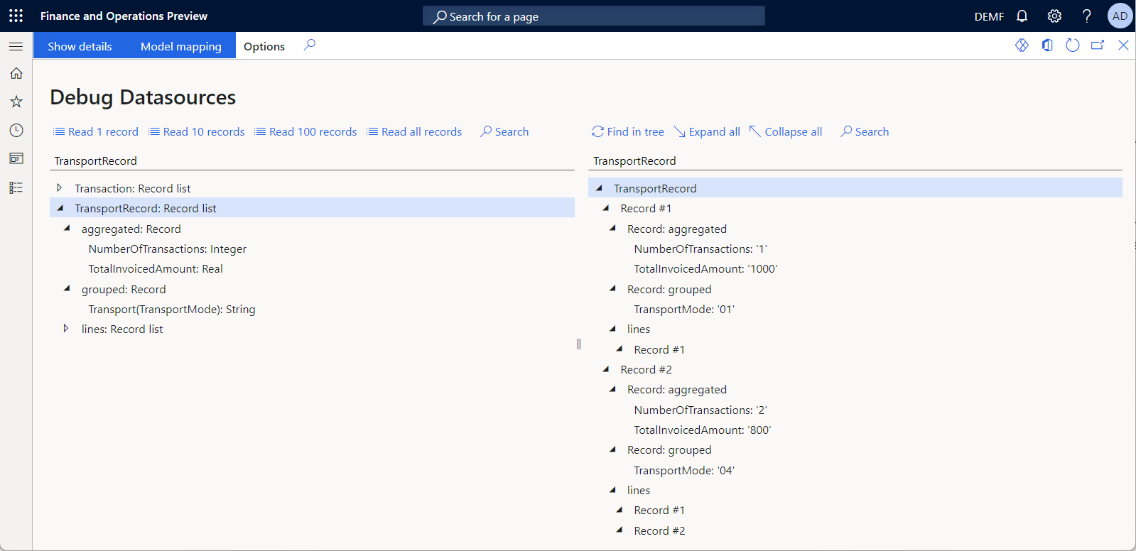 Results of the data source debugging on the Debug datasources page.