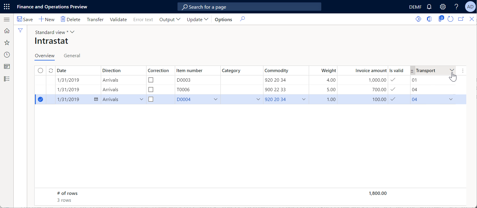 Preparing Intrastat transactions on the Intrastat page.