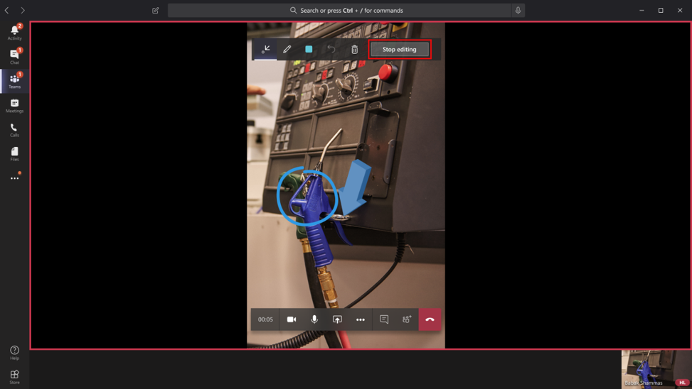 Screenshot of a Microsoft Teams call window with emphasis on the stop editing button.