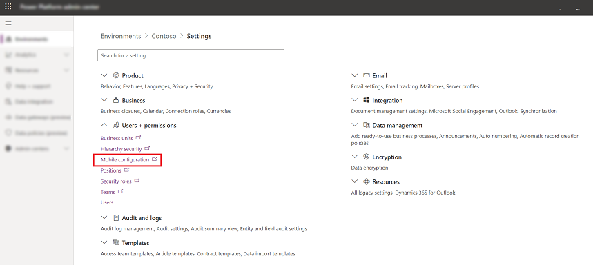 Mobile configuration setting